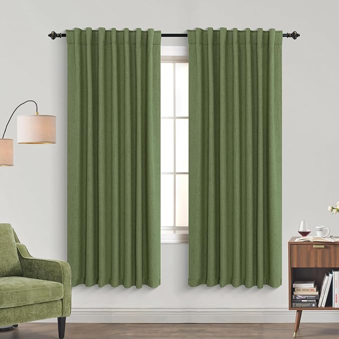 KOUFALL Moss Light Olive Green Farmhouse Blackout Curtains for Living Room, Farm House Country Style Linen Tweed Textured Curtains for Bedroom, Wide 52 x 63 Inch Length, 2 Panels Set, Army Green
