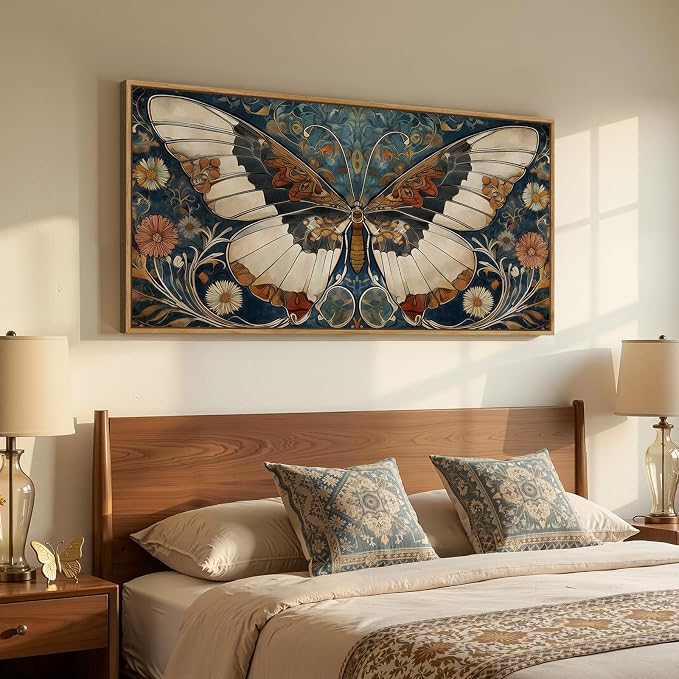 Framed Vintage Butterfly Wall Art for Living Room, Extra Large Horizontal Canvas Artwork Decor, Retro Rustic Picture Print Painting for Bedroom Hallway 60x30 Inch