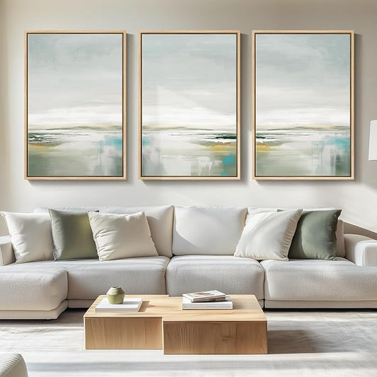 Large Framed Green Abstract Landscape Wall Art for Living Room, 3 Piece Canvas Prints Paintings Artwork for Walls, Modern Minimalist Pictures for Dining Room, Hallway, Office Wall Decor 24x36 In