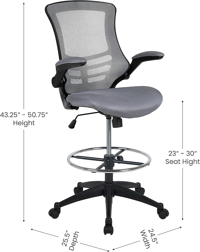 Flash Furniture Kelista Mid-Back Swivel Office Chair with Adjustable Seat Height, Ergonomic Mesh Desk Chair with Flip-Up Armrests, Dark Gray | Adjustable Foot Ring, Mid-Back, Flip-Up Arms, Mesh Back