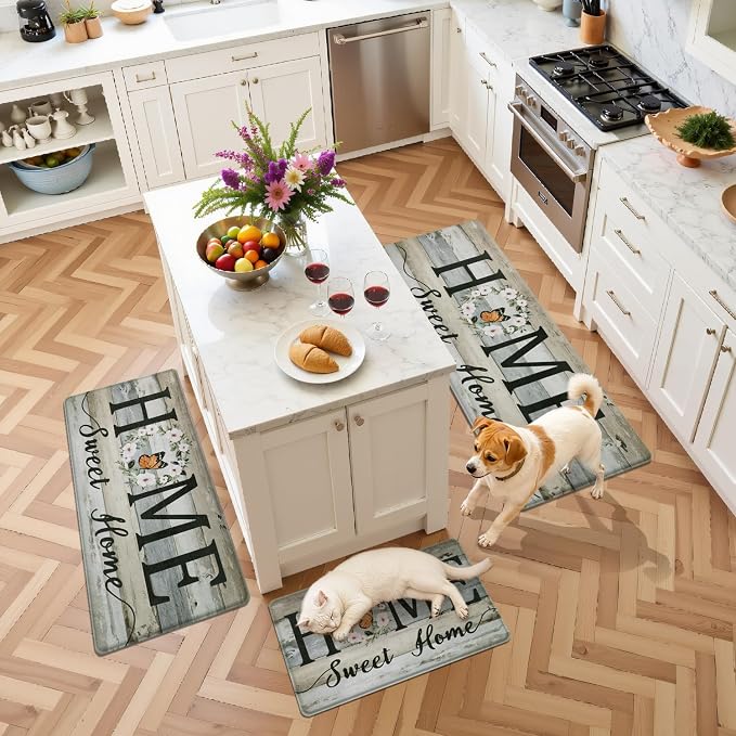 Yamaziot Anti Fatigue Kitchen Rug Set of 3, Non-Slip Cushioned Floor Mats | Waterproof, Stain Resistant, Farmhouse Cushioned Comfort Standing Desk Mat with Runner for Kitchen, Office, Sink, Laundry