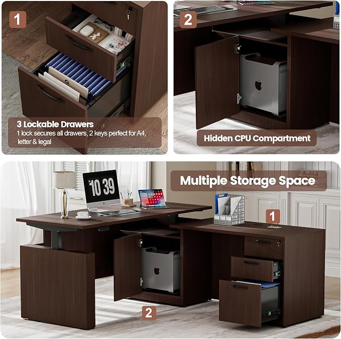 66.93" L Shaped Executive Standing Desk with Pre-Assembled Frame & Lockable Cabinets, Fixed Right-Facing Design, Dual-Motor Height Adjustable Desk for Corporate & Home Office (Espresso-Right-Fix)