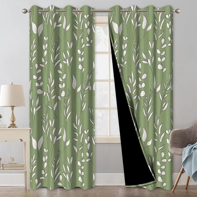 Blackout Curtains for Bedroom Living Room Grommet Thermal Insulated Room Darkening Drapes, Green and White Leaves Print Blackout Curtains 84 Inch Length 2 Panels Set Soundproof Maintain Privacy
