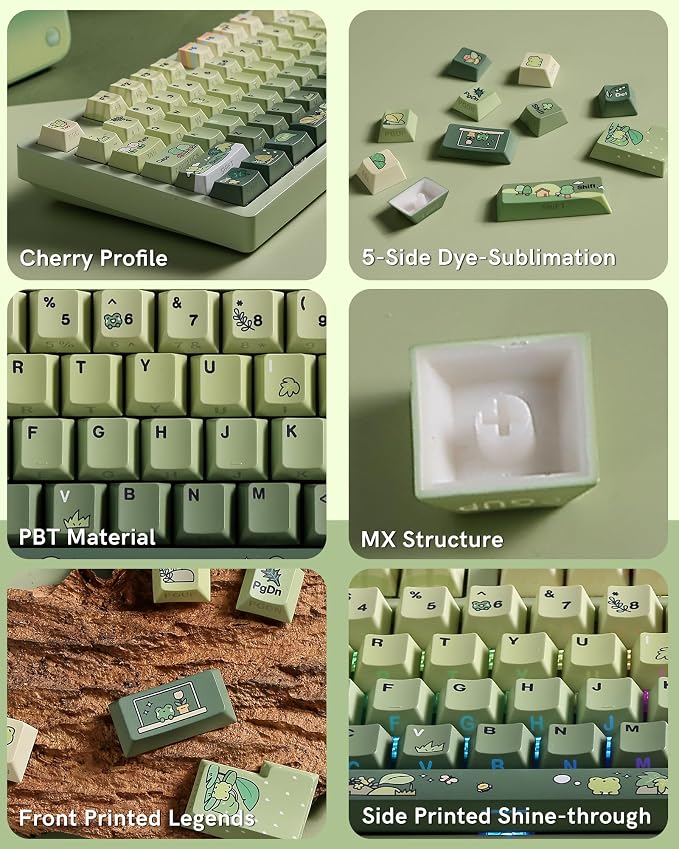 Keymatic Green Frog Cute Keycap Set,128 PBT Custom Keyboard Keycaps,dye Sublimation,Aperture Backlight Cherry Profile Key Cap for Mechanical Keyboard, Compatible with60 70 80 98 100(Only Keycap Set)