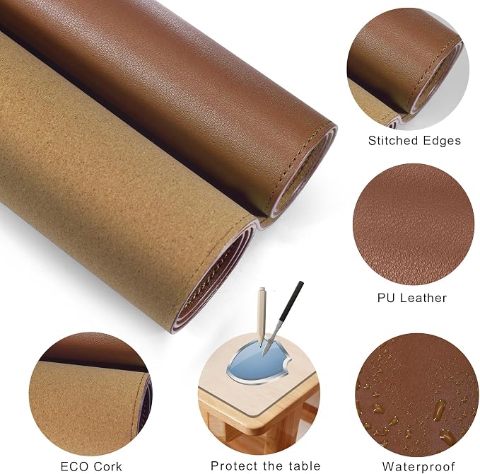 MAIDERN 40” x 24” Leather Desk Pad, Reversible Large Desk Mat, Cork & Leather Large Mouse pad for Desk, Waterproof Computer Desk Pad for Gaming Home Office (Brown)