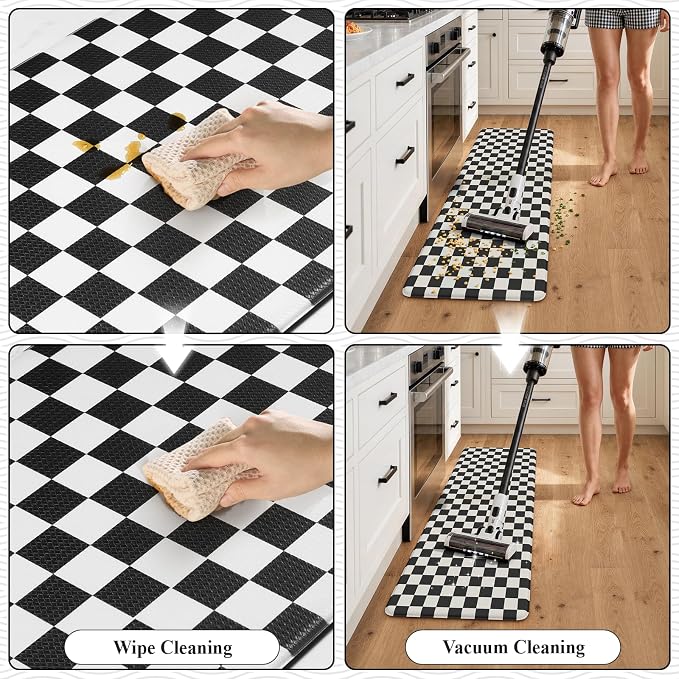 KIMODE Anti Fatigue Kitchen Mat for Floor,Black and White Plaid Kitchen Rug | Farmhouse Kitchen Rugs Sets of 2,Cushioned Kitchen Floor Mats,Non Slip Standing Desk Mat for Sink Laundry 20"x47"+20"x32"