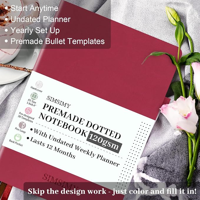 Premade Dotted Journal Notebook with Bullet Templates, Pre-made Dot Grid Journaling with Undated Weekly & Monthly Planner, Various Trackers - 12 Month Organization, A5 Hardcover