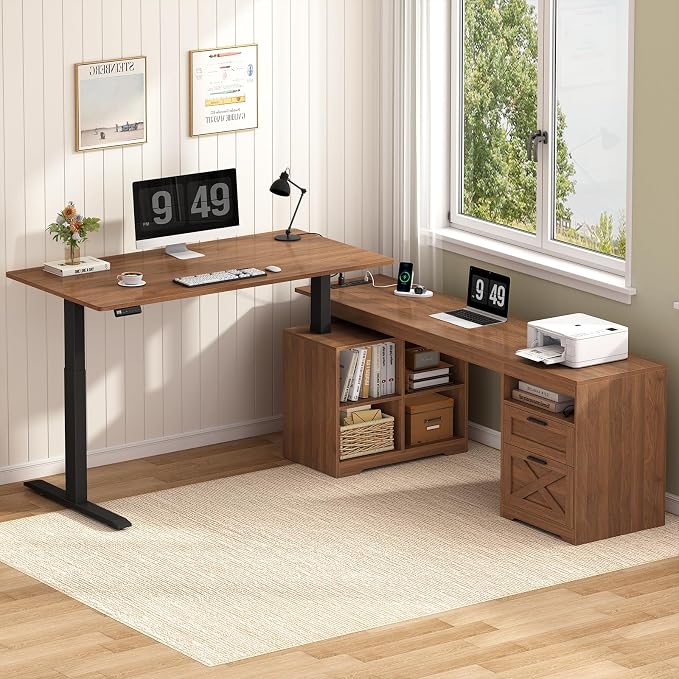 66 inch Farmhouse L Shaped Standing Desk with Storage for Home Office | Corner Electric Standing Desk with Drawers ＆ Storage Shelves, Height Adjustable Computer Desk with Power Outlets, Brown