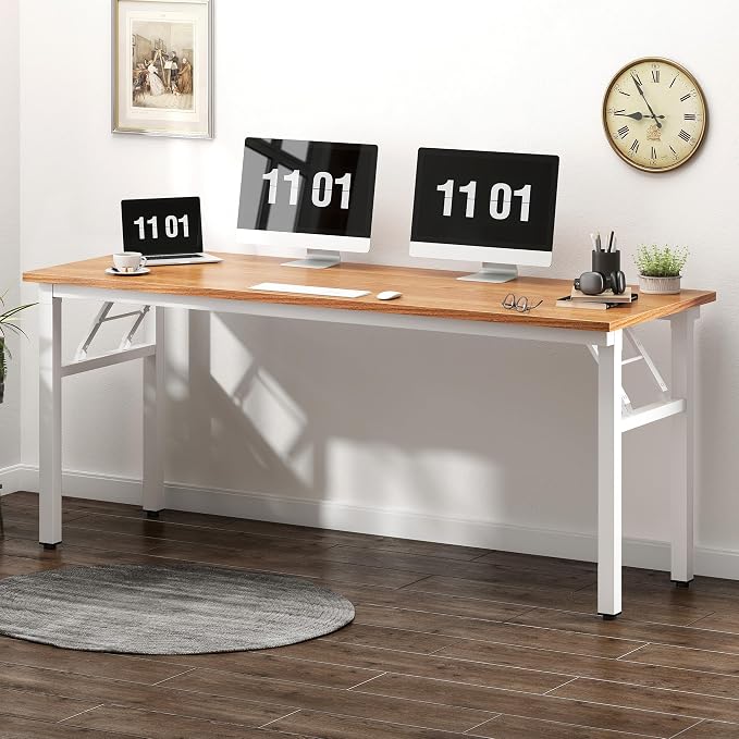SDHYL 62 inches No Assembly Foldable Computer Desk for Home Office Workstation, Modern Large Folding Study and Writing Table with Metal Frame, Teak and White