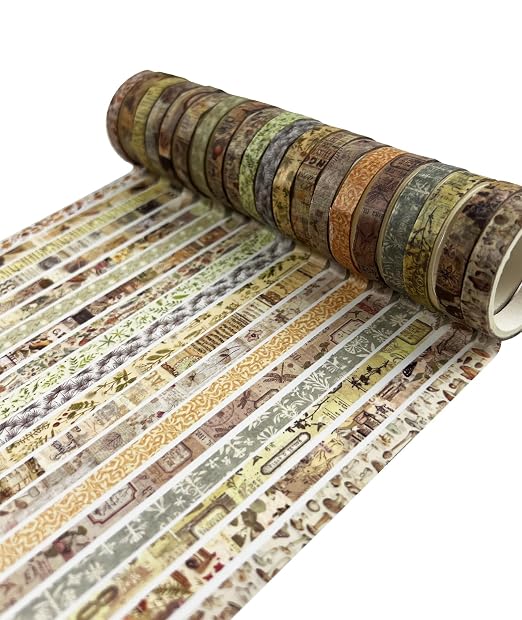 Vintage Brown Skinny Washi Tape Set 20 Rolls -Antique Patterns Masking Thin Basic Decorative Tapes for Arts, DIY Crafts, Bullet Journal, Planners, Scrapbook Decor, Gift Wrapping, Junk Journal