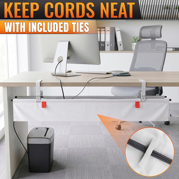 Under Desk Cable Management Tray 36" — No Drill Clamp-On Cord Organizer for Desk with Built-in Ties, Heavy Duty Metal Clamp, Foldable 600D Oxford Fabric for Home Office, WFH & Gaming PC Setup (White)