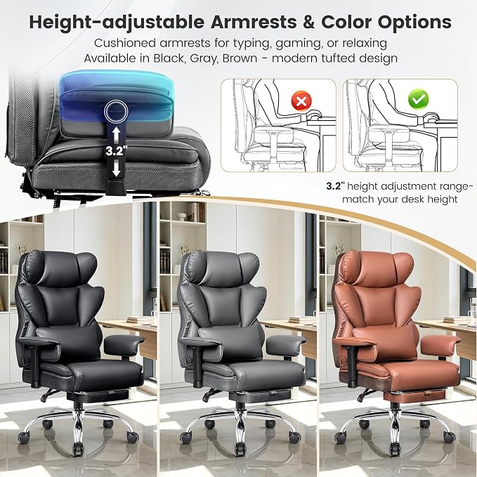 Office Chair 400 LBS, Heavy Duty High Back Executive Desk Chair | 23.6" Extra Wide Seat with Footrest, Ergonomic High Back with Lumbar Support, 165° Recline, 3.2" Adjustable Padded Arms, Gray