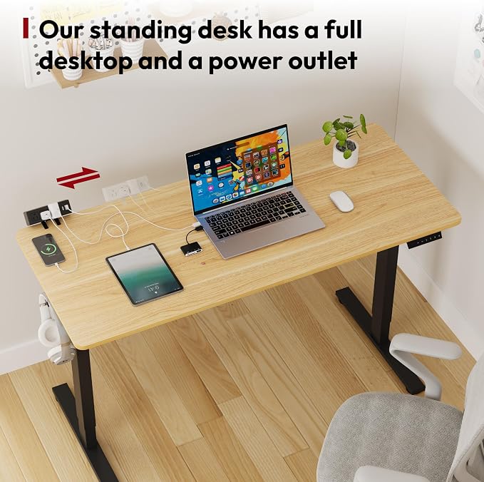 SANODESK Electric Standing Desk with Desk Clamp Power Strip 60"x 24" Whole-Piece Desktop Height Adjustable Stand Up with Cable Management Sit Stand Home Office Black Frame/Maple Top