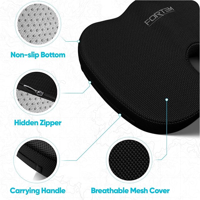 FORTEM Seat Cushion, Office Chair Cushion, Lumbar Support Pillow for Office Chair, Memory Foam Car Seat Cushions, Sciatica Coccyx Tailbone Pain Relief, Cushions for Back Support, Washable, Non Slip