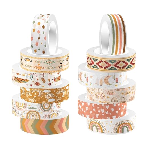 12 Rolls Boho Washi Tape Set, Vintage Watercolor Floral Rainbow Decorative Masking Tapes for Spring Arts DIY Craft Scrapbook Journal Planners Supplies Gift Wrapping 16.4Ft