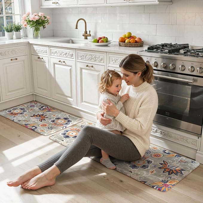 LEEVAN Anti Fatigue Kitchen Mats for Floor, Cushioned Kitchen Mat Set 2PCS | 20"x31"+20"x47", Boho Floral Blue Gray Kitchen Rugs Non-Slip, Waterproof Ergonomic Standing Mats for Laundry, Office, Sink