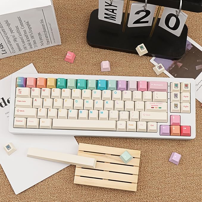 Minimalist White PBT Keycaps, 150 Keys Cute Macaron Theme Keycap, Cherry Profile Dye-Sublimation Colorful Keycaps for 61/64/68/84/87/100/104/108 Cherry MX Mechanical Keyboards
