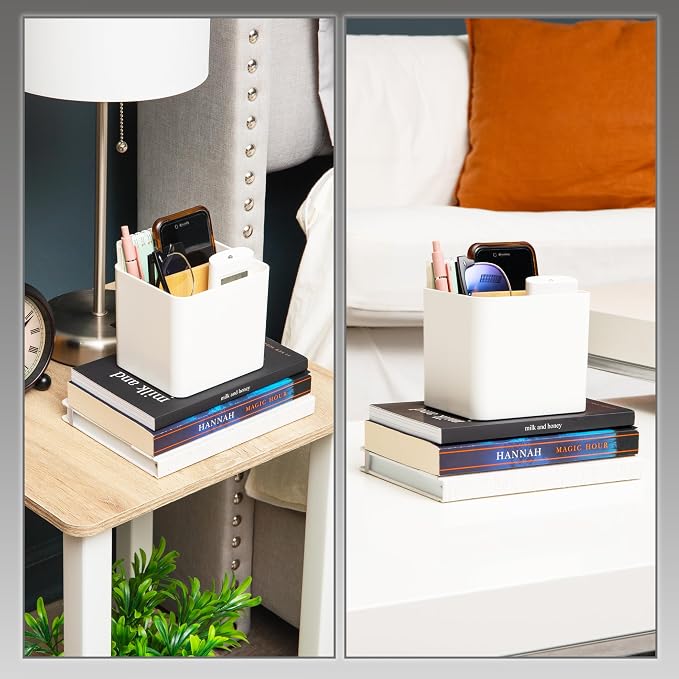 Mind Reader 2-Compartment Desktop Organizer, Removable Wood Divider, Non-Slip Base, Plastic and Wood, White
