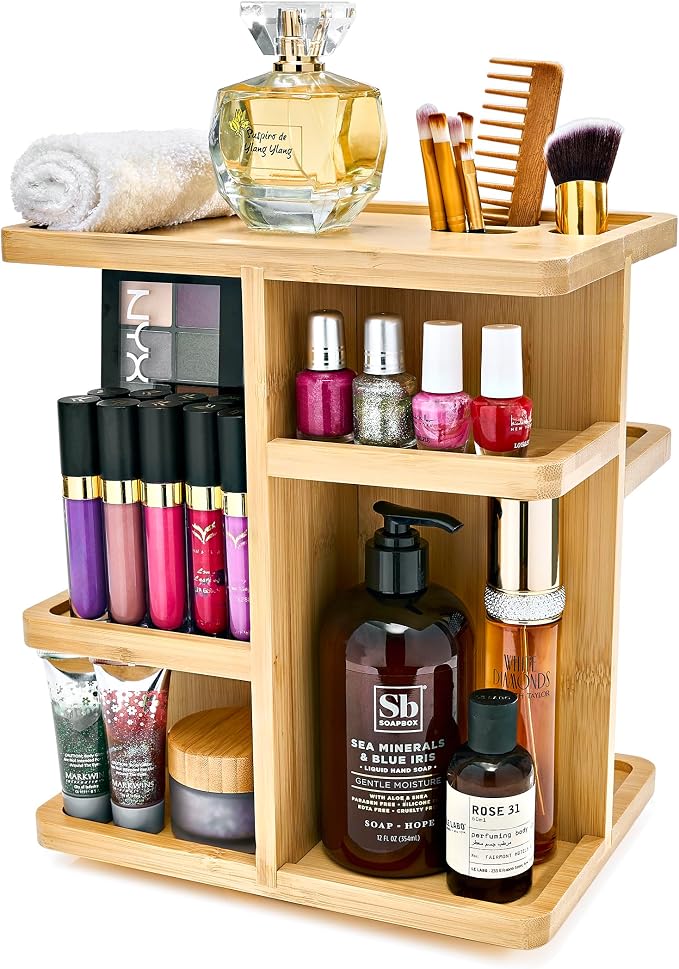 Sorbus 360° Makeup Organizer - Bamboo Wood Make Up Storage Carousel for Cosmetics, Skin Care Rotating Makeup Organizer for Vanity, Bathroom Storage