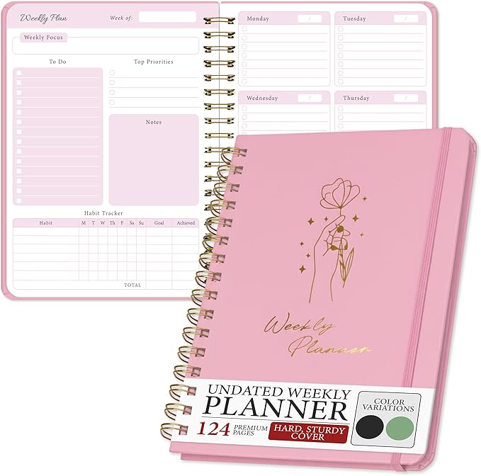 Undated Weekly Planner – Minimalist Daily Planner Notebook for Work, Home & Daily Writing | Simple Matte Planner for Goals, Appointments, Notes & Productivity, Elegant Cardstock Pages, Pink