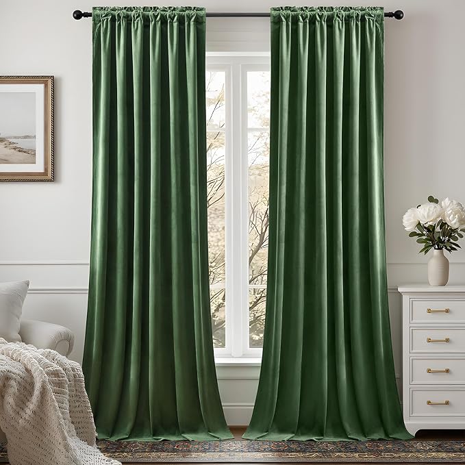 Extra Long Olive Green Velvet Blackout Curtains 102 Inches, Noise Reducing Room Darkening Super Soft Luxury Thermal Insulated Drapes for Bedroom & Living Room, Back Tab & Rod Pocket, 2 Panels