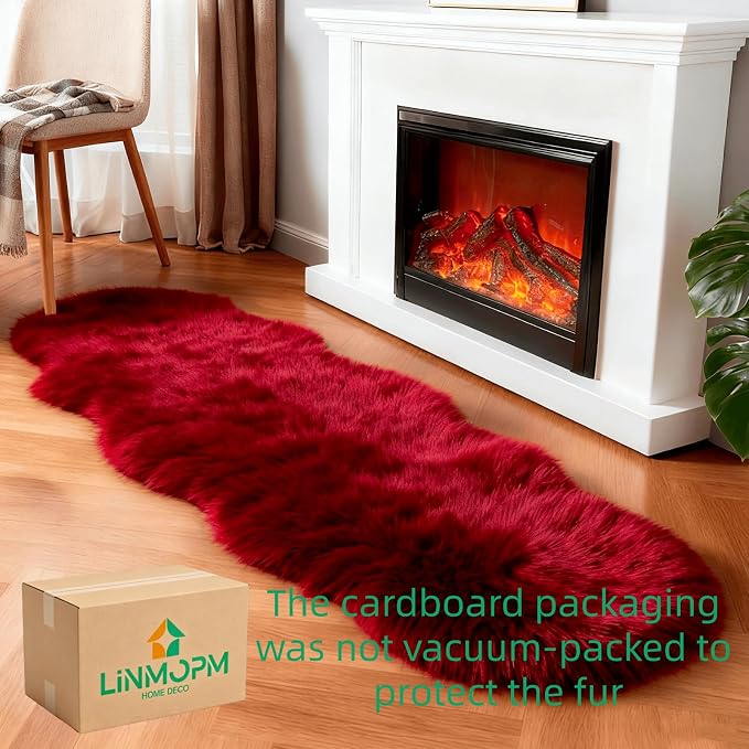linmopm Faux Fur Rug Sheepskin Shag Fluffy Fuzzy Red 2x6 ft Runner Rugs for Bedroom Bedside Bed Floor Living Room Plush High-Density Cushion Carpet Super Sofa Cover | Shag Fluffy Fuzzy, High-Density Cushion, For Bedroom Bedside Living Room, Plush Carpet