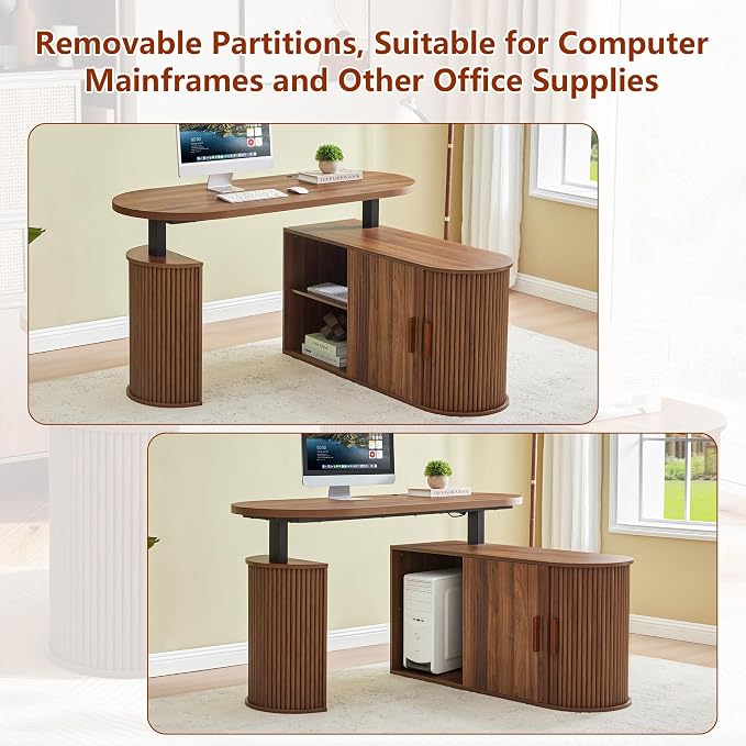 55" L Shaped Standing Desk with Storage, Oval Electric Desk Height Adjustable Executive Desk with File Drawer, Fluted Wood Desk Office Sit Stand up Desk for Work, Study, Writing, Walnut