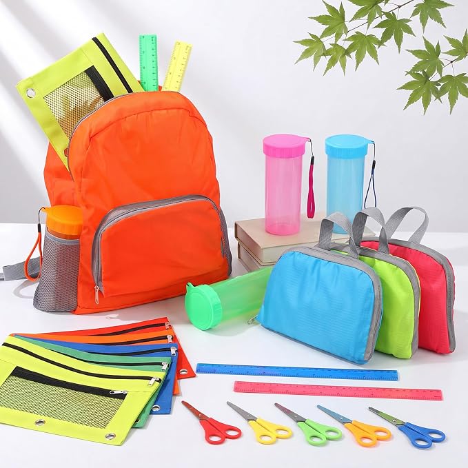 120 Pcs / 24 Sets Back to School Supplies Kit Include Sturdy Oxford Backpacks Water Bottles Pencil Pouches Scissors Rulers for Students Supplies Donations Camping Party Bulk Gift Set(Simple)