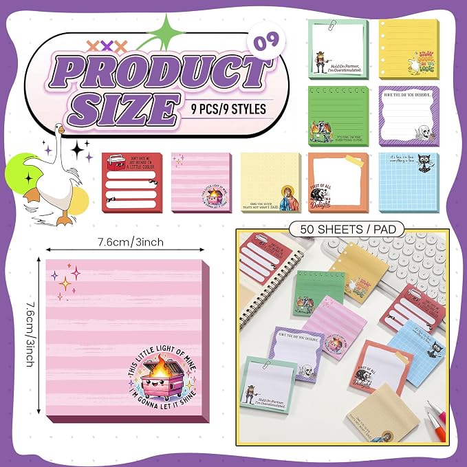9 Pads Funny Sticky Notes 3x3 Inch Cute Self Stick Notepads Notes Adhesive Memo Pad Office Decor Gifts for Students School Teacher Meeting Office Supplies