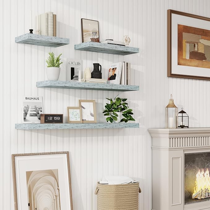 40in Floating Shelves for Wall, 40"W x 9.25"D x 1.25"H, 2 Pack Long Wall Mounted Engineered Wood Shelves with Invisible Brackets for Living Room, Bedroom, Bathroom, Kitchen Decor and Storage, Blue