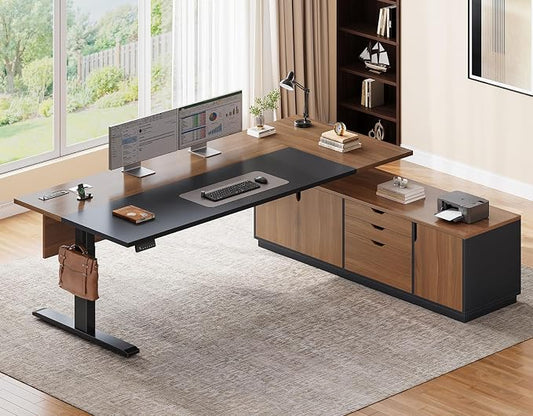SEDETA Executive L Shaped Electric Standing Desk, 71" Height Adjustable Executive Desk with 3 Drawers and Cabinet, Sit Stand Up Home Office Desk with Power Outlets & Side Hook, Brown