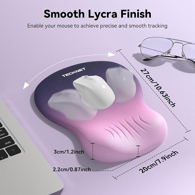 TECKNET Ergonomic Mouse Pad with Wrist Rest, Memory Foam Mousepad with Wrist Support, Smooth Surface, Middle Concave & Non-Slip Base for Laptop/PC, Pain Relief for Home Office Gaming, Gradient Purple