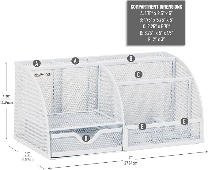 Mind Reader 7-Compartment Desktop Organizer, Metal Mesh, White | Desk Organizer for Pens, Sticky Notes, Mail, Office Supplies
