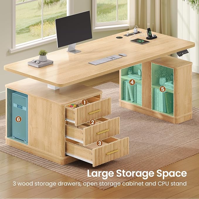 SEDETA Modern Fluted Electric Standing Desk, 63" Height Adjustable Computer Desk with 3 Drawers, Storage Shelves, Power Outlets, Wood Home Office Stand up Desk for Work, Study, Writing, Oak