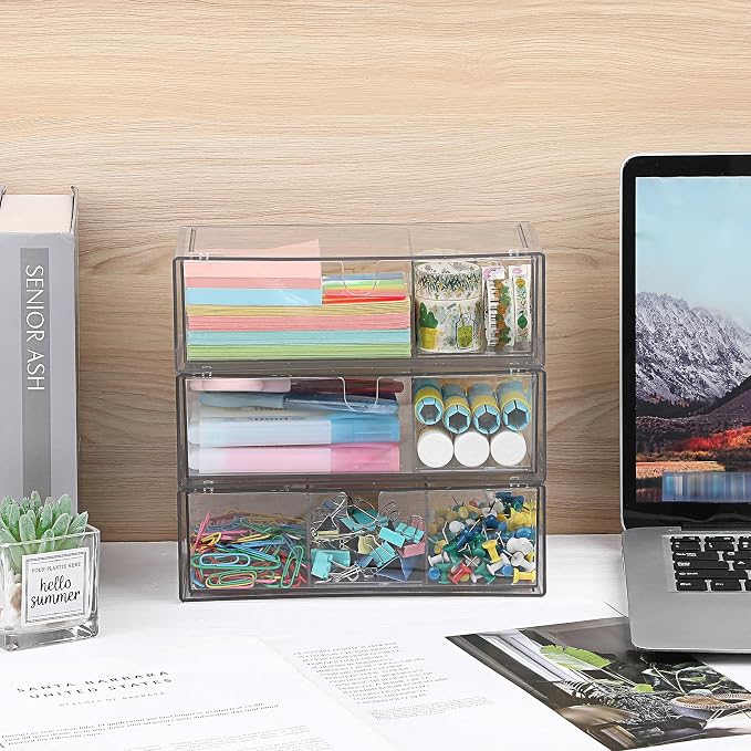 Acrylic Pencil Drawer with Removable Dividers Clear Pull Out Pen Drawer Organizer Stackable Bathroom Organizer for Makeup, Cosmetics, Office Supplies,3 Pack