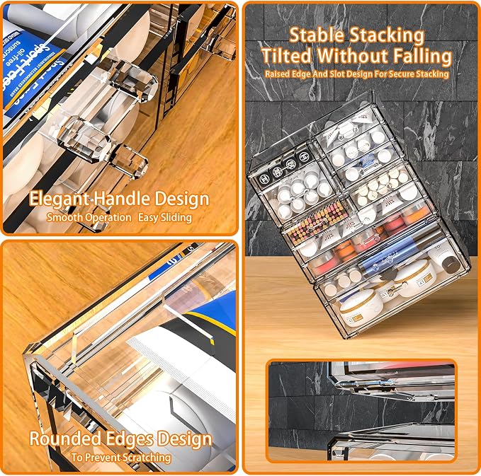 Acrylic Clear Makeup Organizer Countertop,Stackable Skincare Organizer for Vanity With 8 Drawers,Large Plastic Desk Accessories Organization,Bathroom Cosmetic Organizer Countertop for Beauty,Skin Care