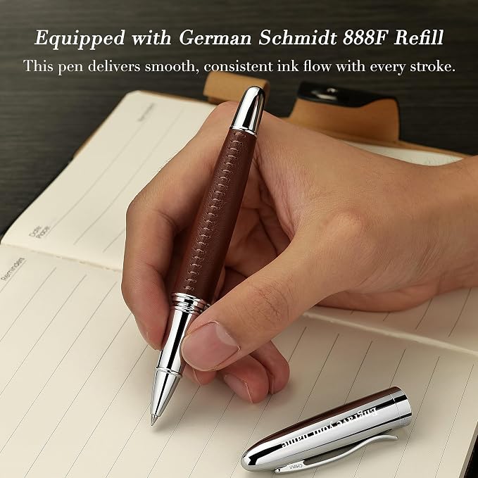 BEILUNER 318 Luxury Personalized Leather Pen, Hand-Stitched Premium Leather, Chrome-Plated Finish, Smooth Black Refill, Fancy Rollerball Gift Set for Men & Women, Executive Writing, Nice Designer pen