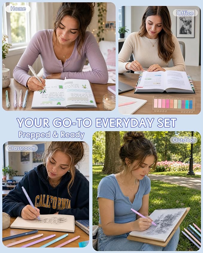 XKDOUS Cute Aesthetic School Supplies, Mechanical Pencils 0.5 & 0.7mm with 240 Lead Refills, 5 Black Gel Pens, Colored Index Stickers Stationery Set for Writing Drawing Office