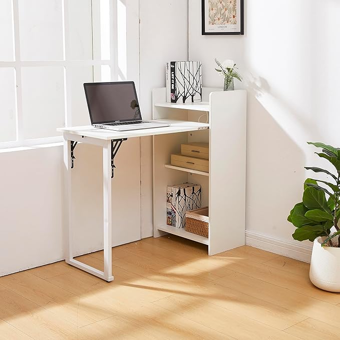 Fold Out Desk with Storage and Built-in Outlet, Mid Century Foldable Desk for Small Spaces, Hidden Folding Table for Home Office or Bedroom (White)