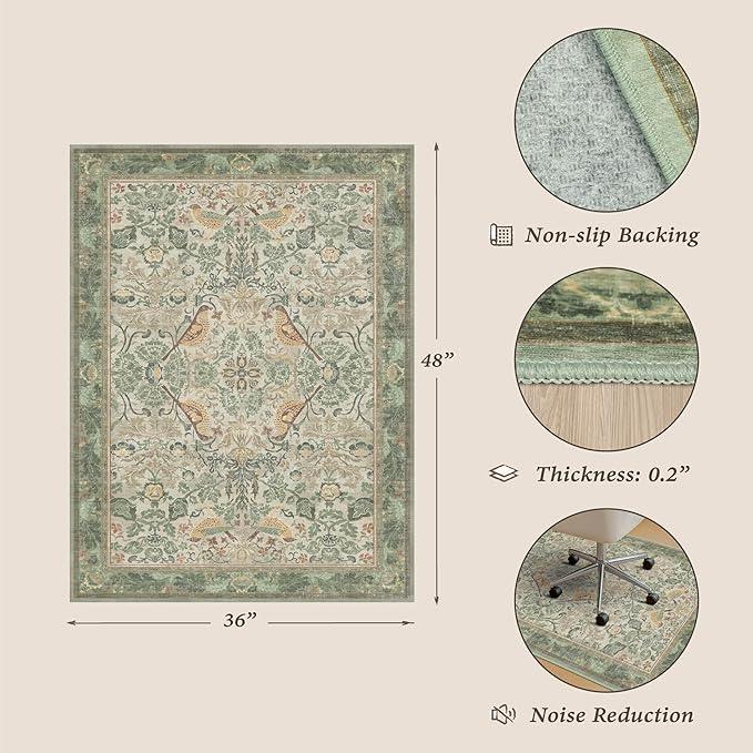 Sage Green 3x4 Office Chair Mat for Hard Wood & Tile Floor, Small Botanical 36"x48" Low Pile Computer Chair Area Rug for Comfort and Floor Protection, Washable Under Desk Rug, Non Slip Rubber Backing