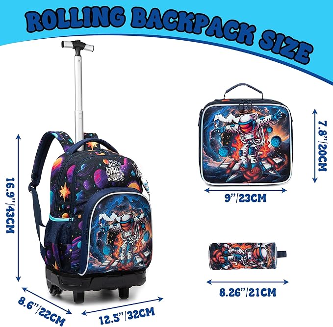 Boys Rolling Backpack for Kids 8-12 Trolley School Bag with Wheels Travel Backpack for Kids with Lunch Bag Back to School Supplies