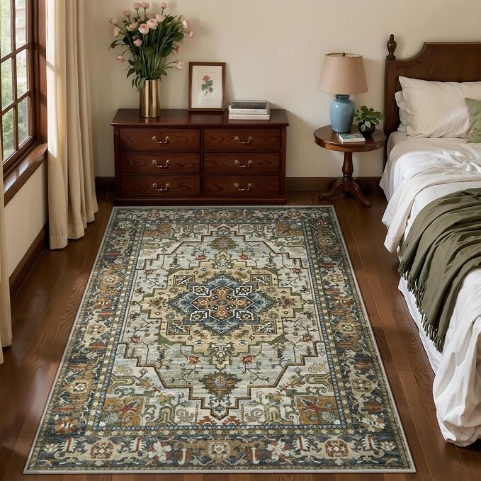 Tangsoo Vintage 3x5 Washable Rug Indoor Area Rugs, Farmhouse Non Slip Accent Rug Carpet, Oriental Boho Soft Low Pile Rugs for Living Room Dorm Bedroom Bedside Entryway Dining Room