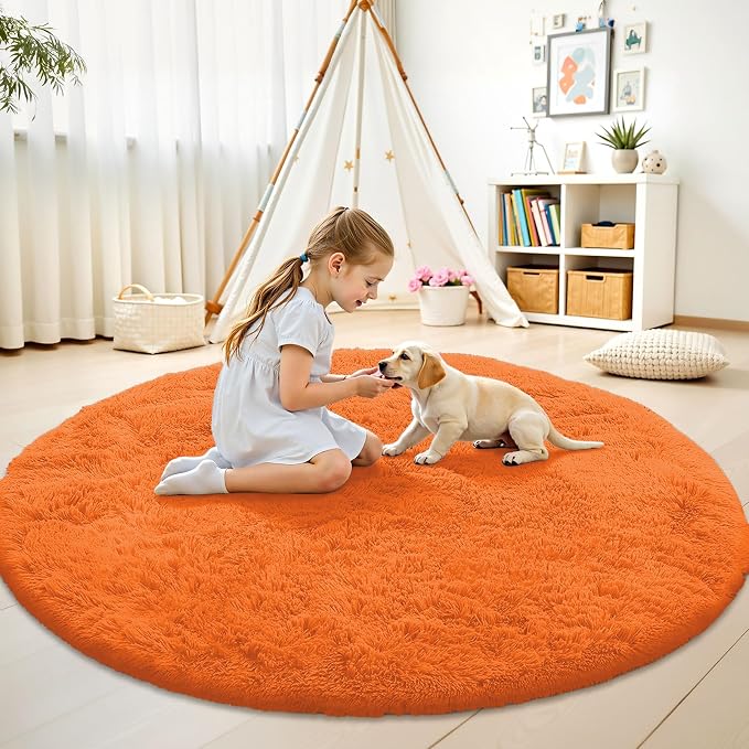 OLANLY Orange Round Rugs for Bedroom - Machine Washable, 8 ft Circle Area Rugs for Living Room, Soft and Fluffy Shaggy Carpet for Teen Girl and Boys, Nursery Rooms, Dorms, Home Decor Aesthetic