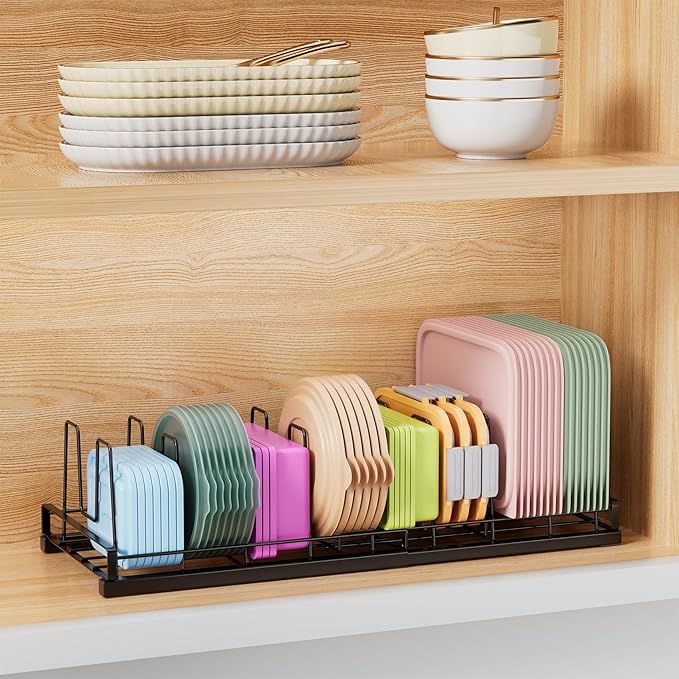 Expandable Food Container Lid Organizer with 9 Adjustable Dividers | Sturdy Metal Pots and Pans Organizer Rack for Home Kitchen Cabinets, Drawers, Pantry Shelves, Countertops, 8.15" Wide, Black