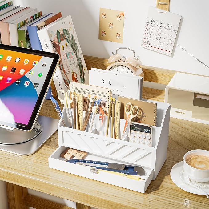 SRIWATANA White Desk Mail Organizer with Drawer, 5 Slot Countertop Sorter | Pull-out Drawer Storage, 5 Compartment Mail Sorter, Holds Letters Bills Envelopes Receipts, for Home Office