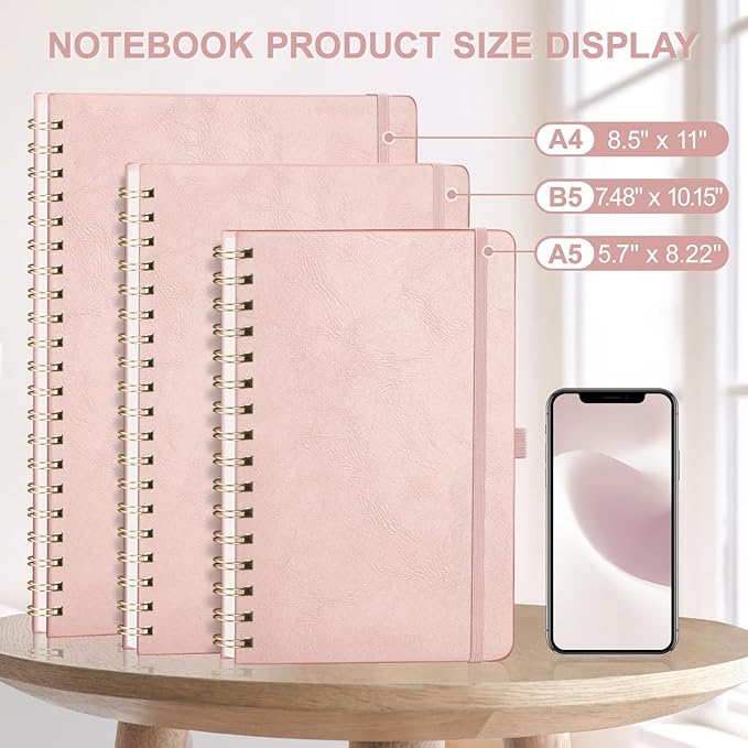 AHGXG Dotted Journal Spiral Notebook, Hardcover Leather Dotted Notebook 140 Pages, A5 Dot Grid Paper Notebook, 100 gsm Thick Paper, for Dotted Journaling, 5.7" x 8.3", Rose Gold