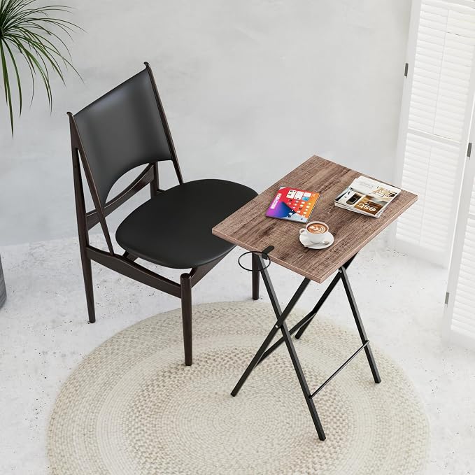 VECELO Folding TV Tray for Eating Set of 2, Portable Dinner/Snack Table with Cup Holder for Couch, Living Room and Small Space, Coffee & Black