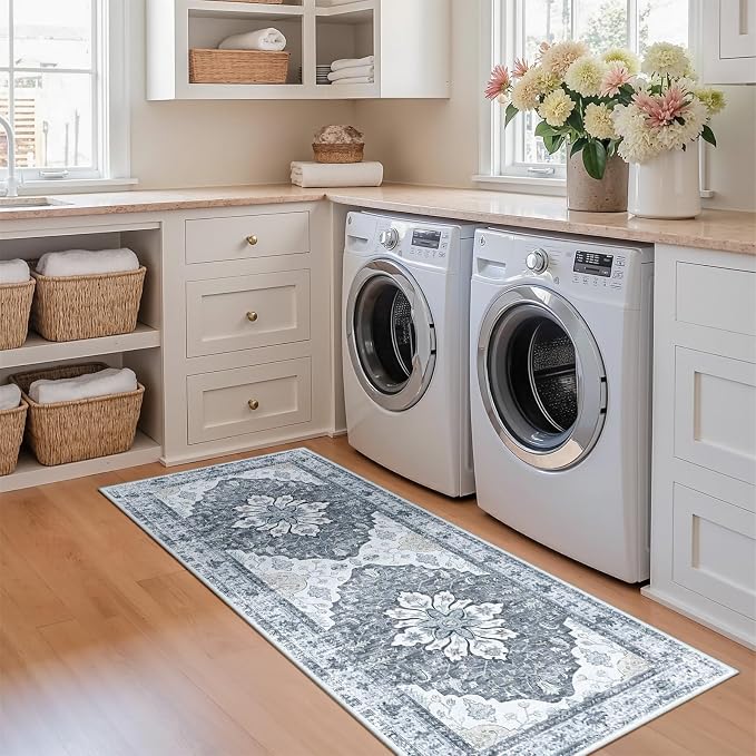 RELEANY Area Rugs Runner 2'x5' Washable Non-Slip, Floral Vintage Distress Medallion Carpet for Kitchen Hallway Bedroom Beside Laundry Room Bathroom, Light Gray Grey White