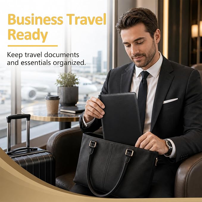 Darolin Leather Portfolio 3 Ring Binder Business Resume Folder -Black | Premium Padfolio Binder Fits A4, Letter Size, Document Organizer for Meetings, Interviews, Travel, Padfolio for Women Men