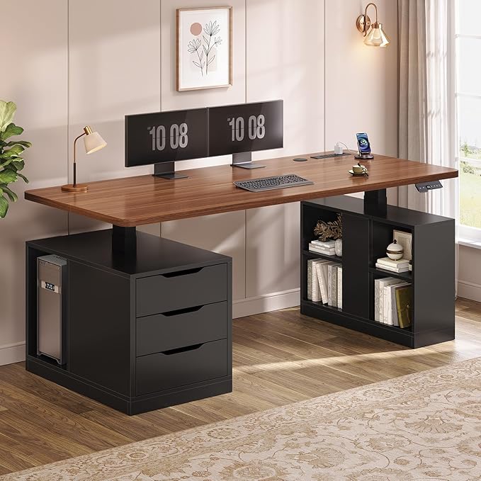 SEDETA Modern Electric Standing Desk, 63" Height Adjustable Computer Desk with 3 Drawers, Storage Shelves, Power Outlets, Wood Home Office Stand up Desk for Work, Study, Writing, Black+ Brown